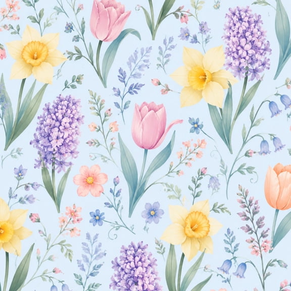 Peel and Stick Wallpaper Watercolor Spring Floral Seamless Tulips Daffodils Hyacinths Light Wall Mural 23.6in x 9.8ft Self Adhesive Removable Wallpaper Renter Friendly for Nursery Bedroom Cabinets