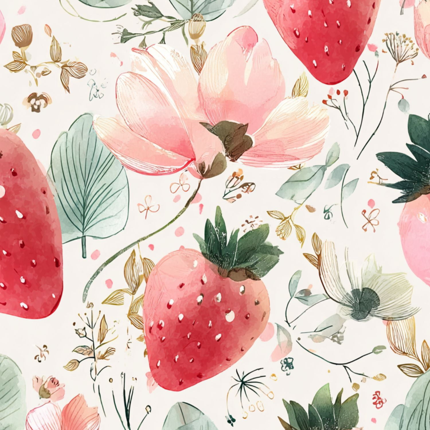 Peel and Stick Wallpaper Watercolor Strawberry Floral Soft Pink Green Details Wall Mural 23.6in x 9.8ft Self Adhesive Removable Wall Paper Renter Friendly Wallpaper for Bedroom