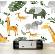 Peel and Stick Wallpaper Watercolor animals cute African crocodile leopard giraffe elephant Canvas Texture Removable Wall Murals Large Wall Stickers for Living Room Bedroom Home Decoration