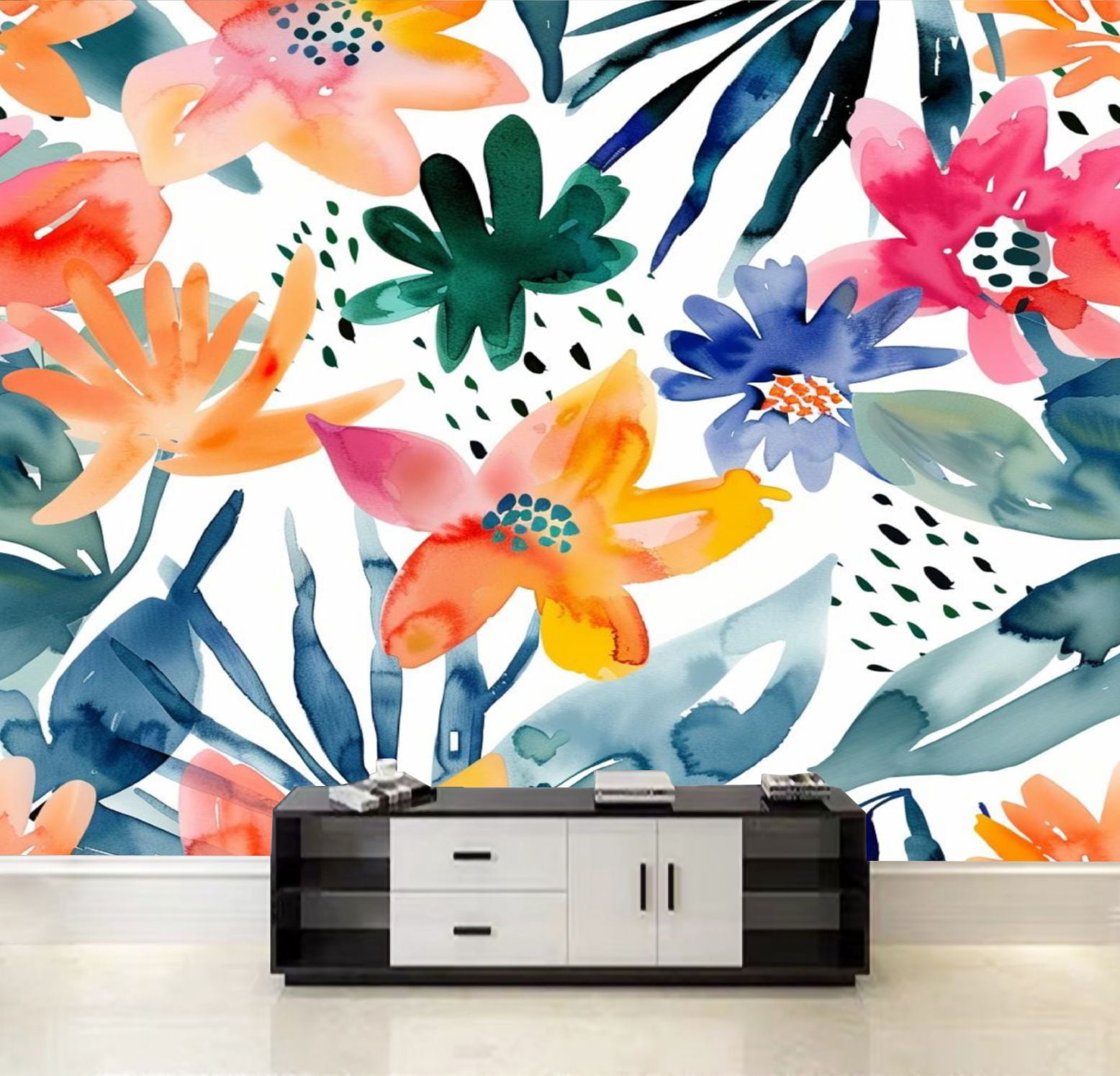 Peel and Stick Wallpaper Watercolor exotic tropical plants flowers ...