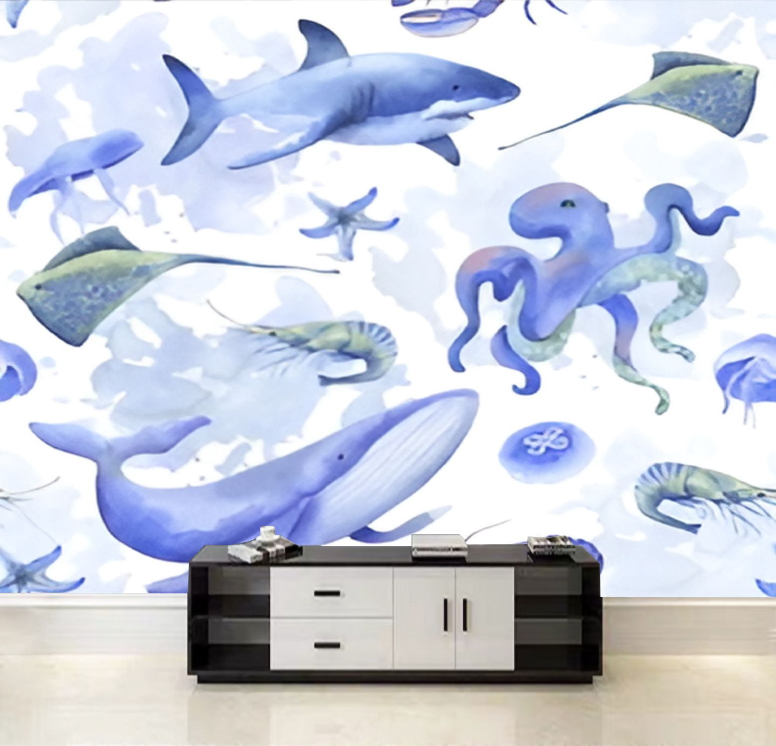 Autocollant Mural Amovible Underwater World - Requin, Pieuvre, Tortue, Méduse - Multicolore