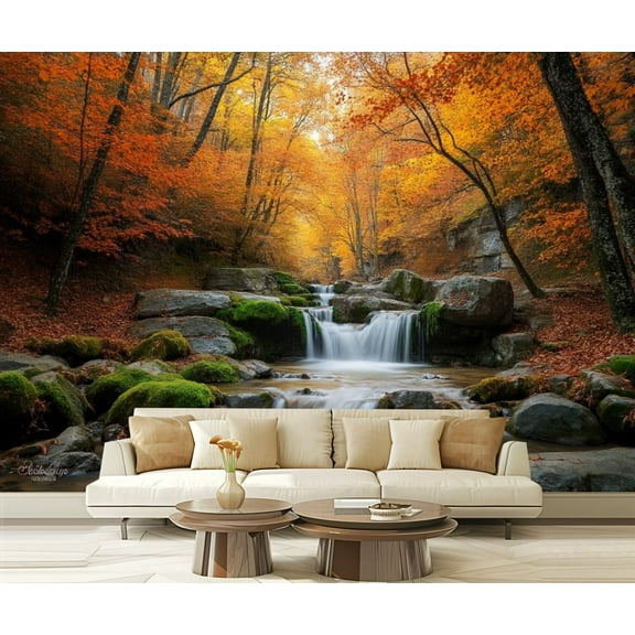 Peel and Stick Wallpaper Waterfall Landscape Nature Lake Waterfalls Autumn Trees Flowing Stream Modern Art Wall Mural Decor Self Adhesive and Removable 69in x 98in