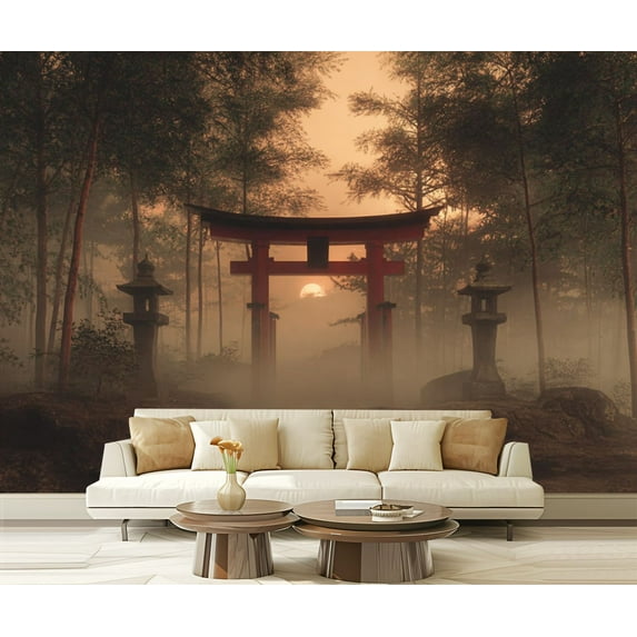 Peel and Stick Wallpaper Waterproof 3d rendering an old japanese shrine torii gate stone evening light Wall Mural Decor Self Adhesive and Removable 69in x 98in