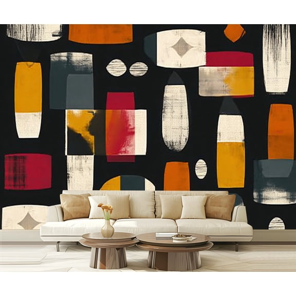 Peel and Stick Wallpaper Waterproof Abstract Mid Century Modern Rectangles Squares Overlapping Wall Mural Decor Self Adhesive and Removable 69in x 98in