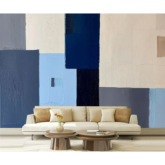Peel and Stick Wallpaper Waterproof Abstract Modern Blue Rectangular Blocks White Rectangular Blocks Beige Wall Mural Decor Self Adhesive and Removable 69in x 98in