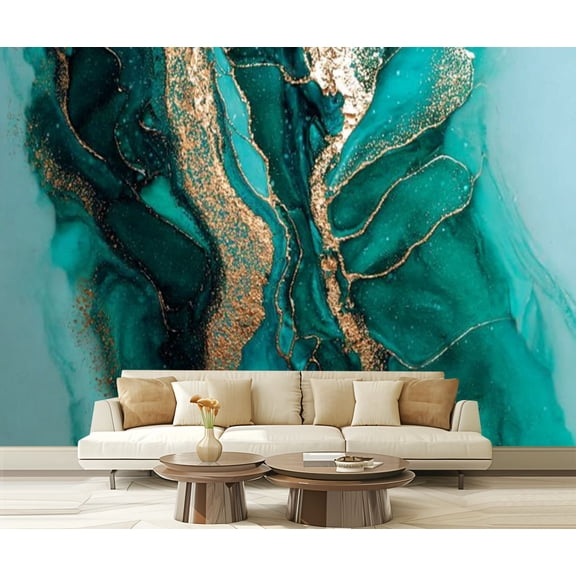Peel and Stick Wallpaper Waterproof Acrylic Fluid Art Dark green waves abstract ocean golden foamy waves Wall Mural Decor Self Adhesive and Removable 69in x 98in