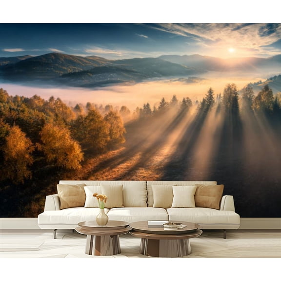 Peel and Stick Wallpaper Waterproof Aerial view beautiful orange trees hill mountains low clouds sunrise Wall Mural Decor Self Adhesive and Removable 69in x 98in