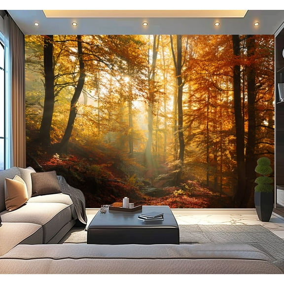 Peel and Stick Wallpaper Waterproof Autumn Forest Illuminated by Sunbeams Fog Leafs Changing Colour Wall Mural Decor Self Adhesive and Removable 100in x 144in