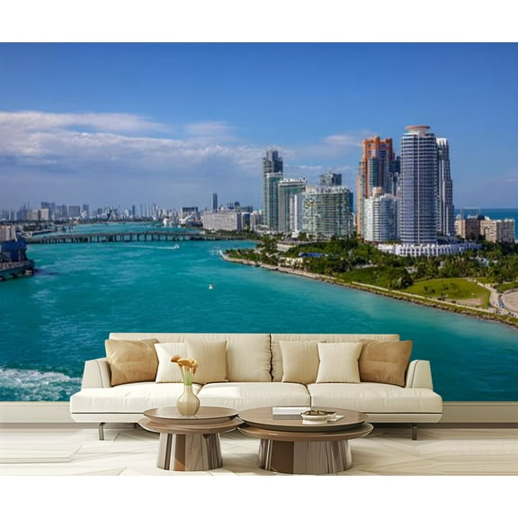 Peel and Stick Wallpaper Waterproof Beautiful aerial panoramic view city Miami its buildings marina yachts Wall Mural Decor Self Adhesive and Removable 69in x 98in
