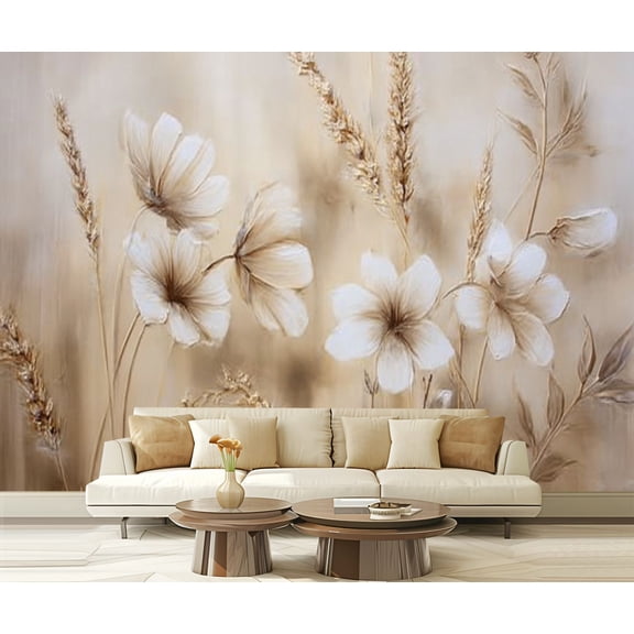 Peel and Stick Wallpaper Waterproof Beige Flower Watercolor Flower Honey Wheat Yellow Delicate Flowers Wall Mural Decor Self Adhesive and Removable 69in x 98in