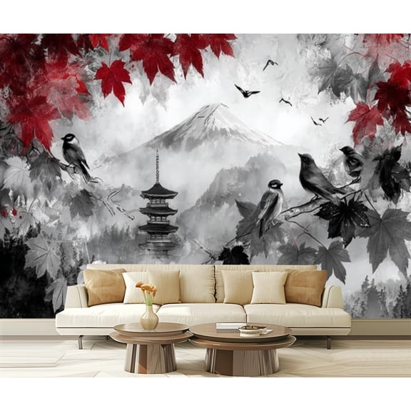 Peel and Stick Wallpaper Waterproof Black White Pop Red Japanese Temple Autumn Fall Landscape Mount Maple Wall Mural Decor Self Adhesive and Removable 69in x 98in
