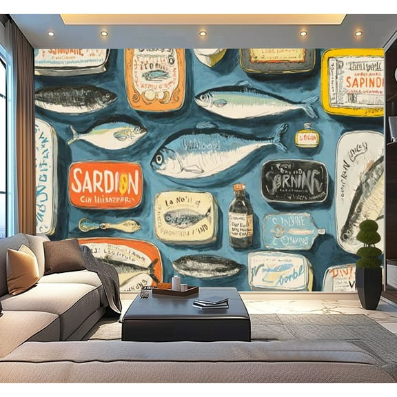 Peel and Stick Wallpaper Waterproof Blue Sardine Tins Sardine Cans Fish Labels Text Graphics Hand Drawn Wall Mural Decor Self Adhesive and Removable 100in x 144in
