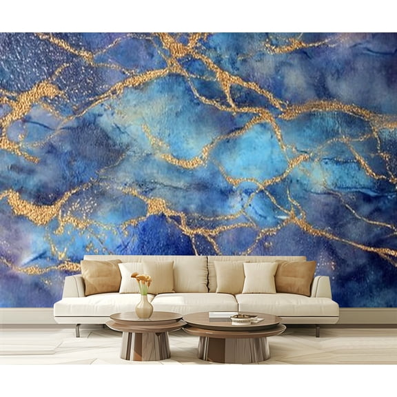 Peel and Stick Wallpaper Waterproof Blue marble gold abstract texture Indigo blue marbling natural luxury Wall Mural Decor Self Adhesive and Removable 69in x 98in