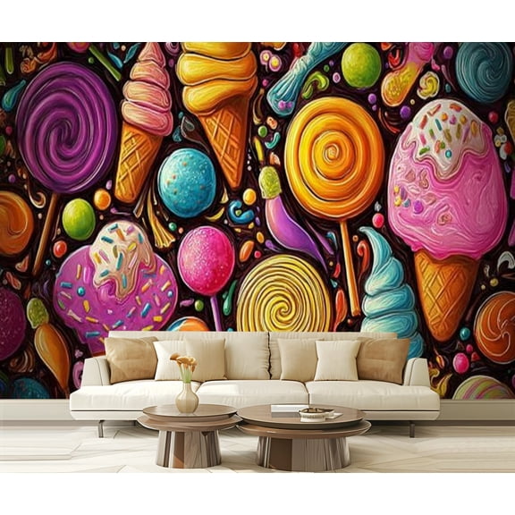 Peel and Stick Wallpaper Waterproof Cartoon Hand Drawn Ice Cream Doodles Cones Cupcakes Lollipops Wall Mural Decor Self Adhesive and Removable 69in x 98in