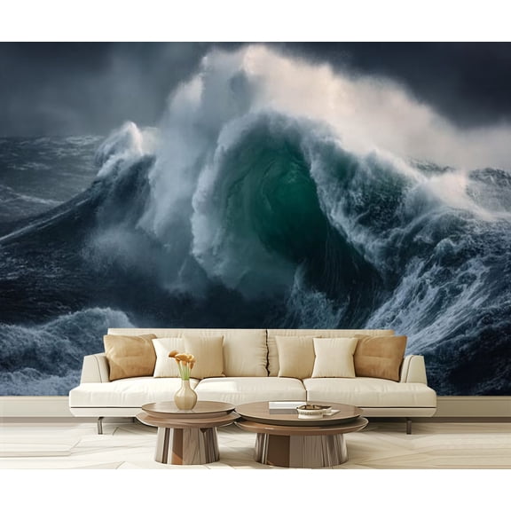 Peel and Stick Wallpaper Waterproof Dangerous powerful storm surge wave dark fearful provoking scene Wall Mural Decor Self Adhesive and Removable 69in x 98in