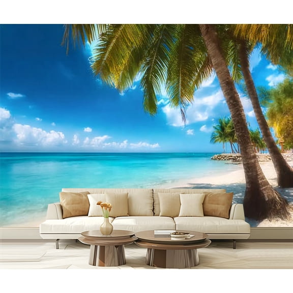 Peel and Stick Wallpaper Waterproof Dream scene Beautiful palm tree white sand beach Summer nature Wall Mural Decor Self Adhesive and Removable 69in x 98in