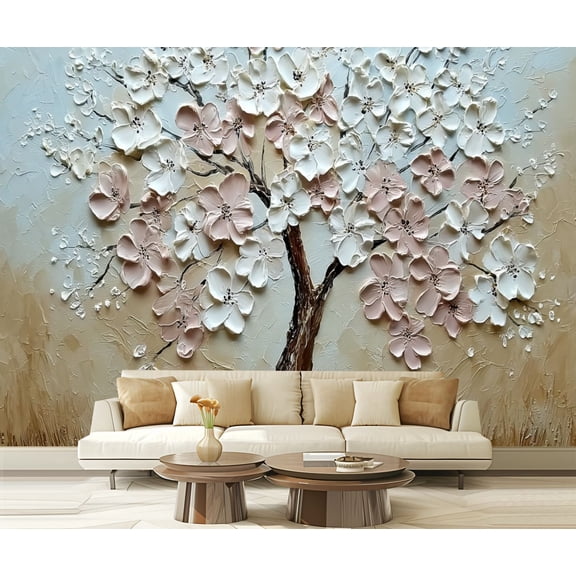 Peel and Stick Wallpaper Waterproof Flower Plum Blossom Elegant Beige Brown Pink Floral Blossoming Tree Wall Mural Decor Self Adhesive and Removable 69in x 98in