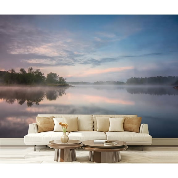 Peel and Stick Wallpaper Waterproof Gorgeous view fog sunset lake summer day blue sky Europe Sweden Wall Mural Decor Self Adhesive and Removable 69in x 98in