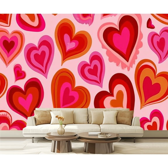 Peel and Stick Wallpaper Waterproof Groovy Hearts Psychedelic Distorted 1970s 1980s Hippie Retro Wall Mural Decor Self Adhesive and Removable 69in x 98in