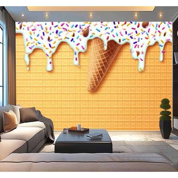 Peel and Stick Wallpaper Waterproof Ice Cream Cone Dripping White Glaze Wafer Texture Abstract Food Sweet Wall Mural Decor Self Adhesive and Removable 100in x 144in