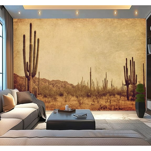 Peel and Stick Wallpaper Waterproof Landscape desert Saguaro cacti Photo retro style Added paper texture Wall Mural Decor Self Adhesive and Removable 100in x 144in