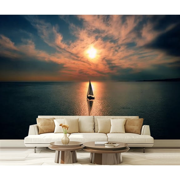 Peel and Stick Wallpaper Waterproof Little white boat floating water towards rays setting sun Wall Mural Decor Self Adhesive and Removable 69in x 98in