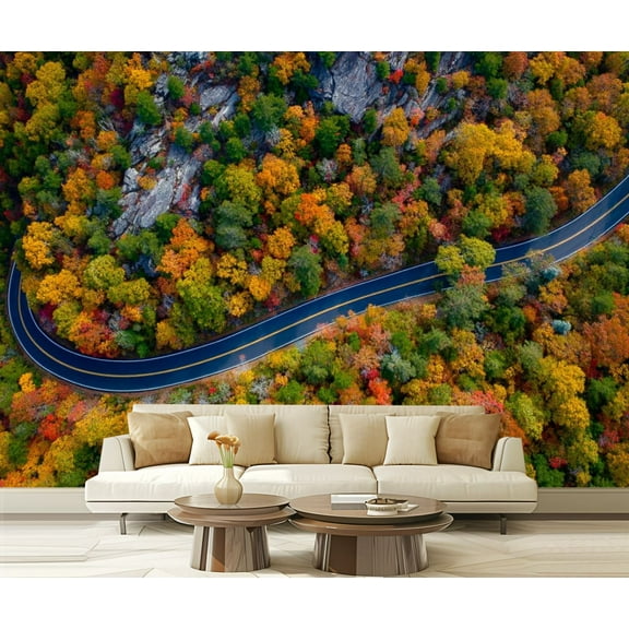 Peel and Stick Wallpaper Waterproof Looking straight down road Blue Ridge Parkway North Fall colored trees Wall Mural Decor Self Adhesive and Removable 69in x 98in