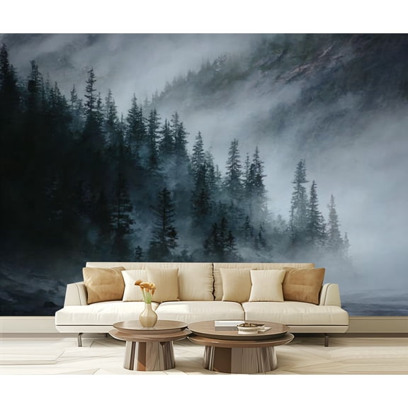 Peel and Stick Wallpaper Waterproof Minimal mountain scenery low clouds among coniferous trees steep slope Wall Mural Decor Self Adhesive and Removable 69in x 98in