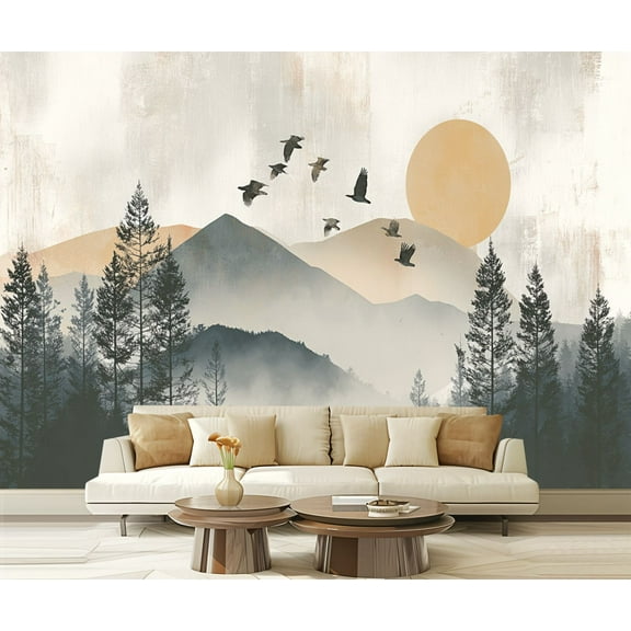 Peel and Stick Wallpaper Waterproof Mountain Tree Mountains Forest Sun Birds Clouds Mixed Media Collage Wall Mural Decor Self Adhesive and Removable 69in x 98in