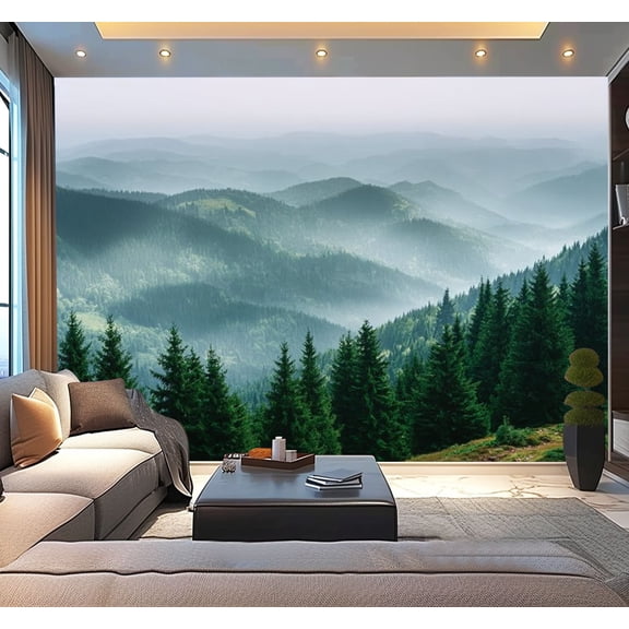 Peel and Stick Wallpaper Waterproof Mountain covered coniferous fir tree forest Scenic landscape from Wall Mural Decor Self Adhesive and Removable 100in x 144in