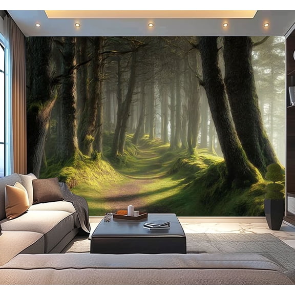 Peel and Stick Wallpaper Waterproof Mystical Woodland Dense Forest Trees Moss Sunlight Filtering Trees Wall Mural Decor Self Adhesive and Removable 100in x 144in