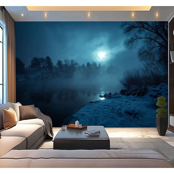 Peel and Stick Wallpaper Waterproof Night mystical scenery Full moon foggy river Snow covered riverbank Wall Mural Decor Self Adhesive and Removable 100in x 144in