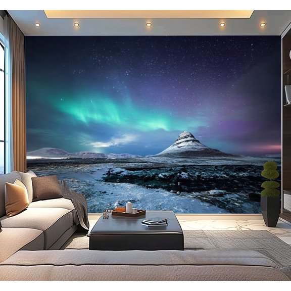 Peel and Stick Wallpaper Waterproof Northern lights Mount Kirkjufell Iceland man passing by Wall Mural Decor Self Adhesive and Removable 100in x 144in