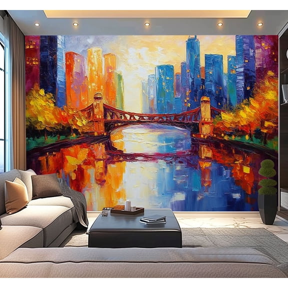 Peel and Stick Wallpaper Waterproof Oil Painting Chicago City Skyline Bridge Water Reflection Sunset Sky Wall Mural Decor Self Adhesive and Removable 100in x 144in
