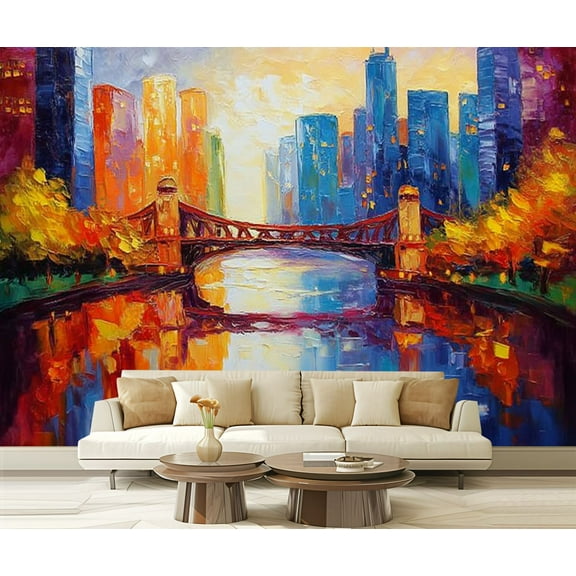 Peel and Stick Wallpaper Waterproof Oil Painting Chicago City Skyline Bridge Water Reflection Sunset Sky Wall Mural Decor Self Adhesive and Removable 69in x 98in