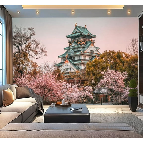 Peel and Stick Wallpaper Waterproof Osaka Castle sunset beautiful Japanese temple cherry blossom trees Wall Mural Decor Self Adhesive and Removable 100in x 144in