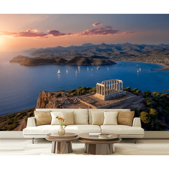 Peel and Stick Wallpaper Waterproof Panoramic view Temple Poseidon Cape Sounion Attica Greece Wall Mural Decor Self Adhesive and Removable 69in x 98in