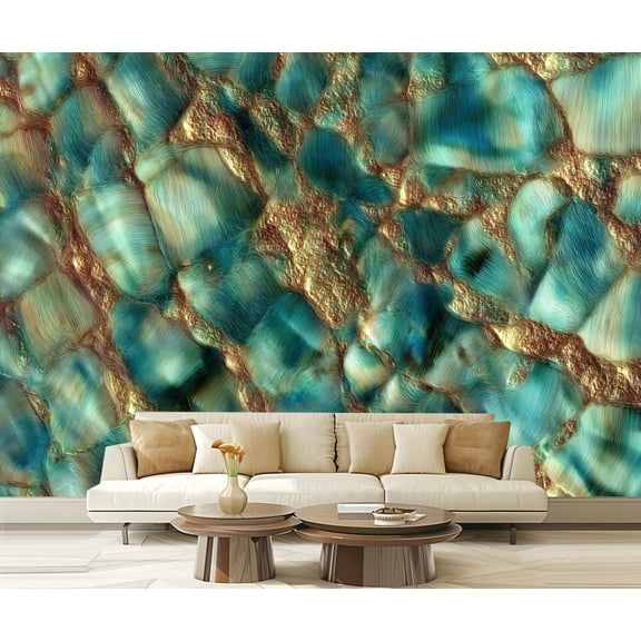 Peel and Stick Wallpaper Waterproof Pearl Abstract Seashell Crystal Mineral Texture Abalone Teal Gold Wall Mural Decor Self Adhesive and Removable 69in x 98in
