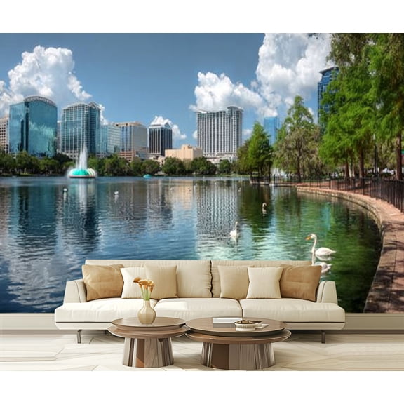 Peel and Stick Wallpaper Waterproof People walk along paths Lake Eola park downtown Orlando Florida Wall Mural Decor Self Adhesive and Removable 69in x 98in