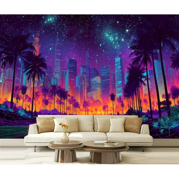 Peel and Stick Wallpaper Waterproof Punk City Uv Reactive Blacklight Japanese Future Cityscape Bedroom Wall Mural Decor Self Adhesive and Removable 69in x 98in