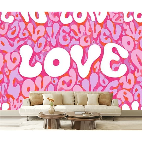 Peel and Stick Wallpaper Waterproof Retro pink hippie love quote Psychedelic 70s style romantic Wall Mural Decor Self Adhesive and Removable 69in x 98in