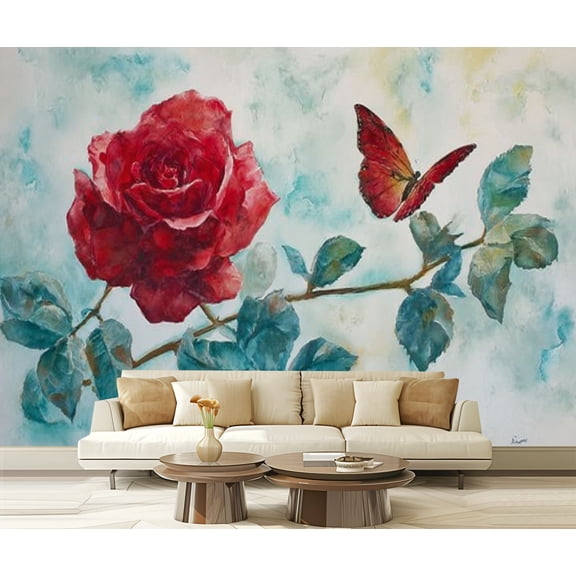 Peel and Stick Wallpaper Waterproof Rose Painting Floral Flower Romantic Teal Red Red Rose Butterfly Wall Mural Decor Self Adhesive and Removable 69in x 98in