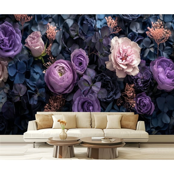 Peel and Stick Wallpaper Waterproof Roses Peonies Hydrangeas Bluish Leaves Layered Flower Arrangement Wall Mural Decor Self Adhesive and Removable 69in x 98in