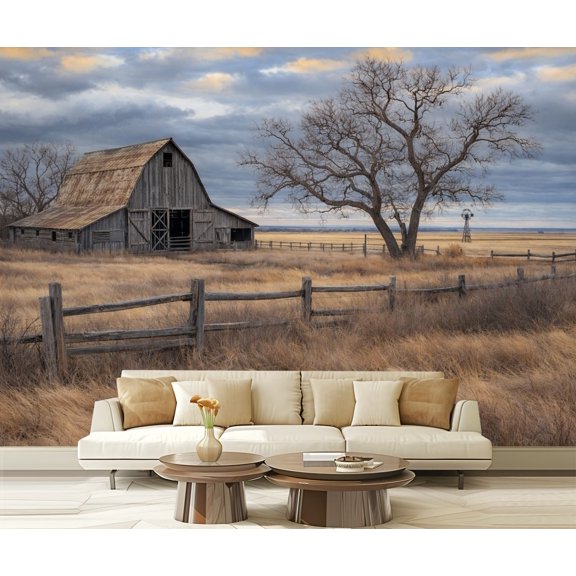 Peel and Stick Wallpaper Waterproof Rustic Barn Bare Tree an Open Field Windmill Under Cloudy Sky Wall Mural Decor Self Adhesive and Removable 69in x 98in