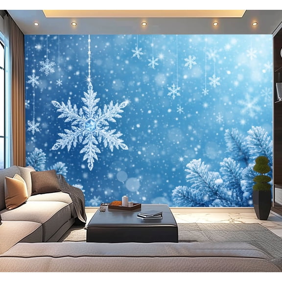 Peel and Stick Wallpaper Waterproof Snowflake Winter Blue Frosted Branches Soft Bokeh Lights Wall Mural Decor Self Adhesive and Removable 100in x 144in