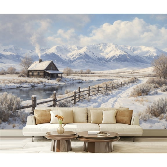 Peel and Stick Wallpaper Waterproof Snowy Winter Cabin Majestic Mountain Views Serene Landscape Wall Mural Decor Self Adhesive and Removable 69in x 98in