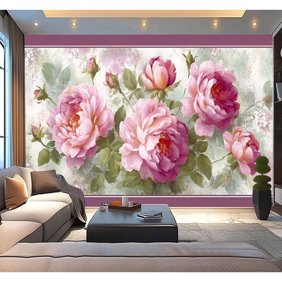 Peel and Stick Wallpaper Waterproof Trim Border Pink Floral Border Roses Peonies Delicate Leaves Botanical Wall Mural Decor Self Adhesive and Removable 100in x 144in