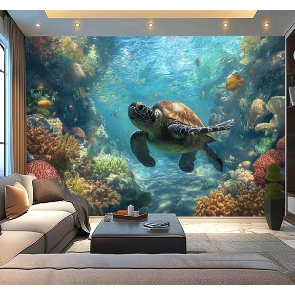 Peel and Stick Wallpaper Waterproof Turtle Closeup School Fish Sea Turtle Fish Underwater Scene Coral Reef Wall Mural Decor Self Adhesive and Removable 100in x 144in