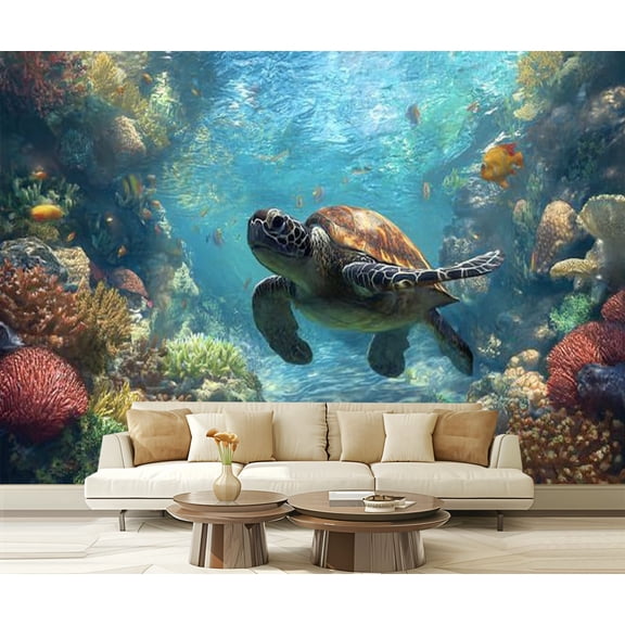 Peel and Stick Wallpaper Waterproof Turtle Closeup School Fish Sea Turtle Fish Underwater Scene Coral Reef Wall Mural Decor Self Adhesive and Removable 69in x 98in