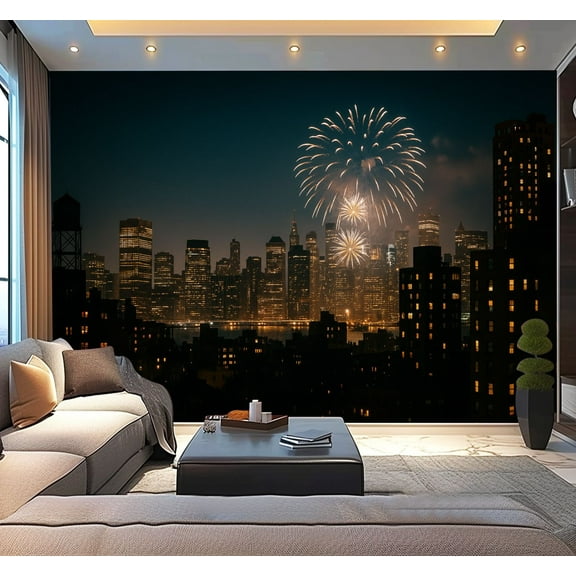 Peel and Stick Wallpaper Waterproof View financial district buildings lights night fireworks sky Wall Mural Decor Self Adhesive and Removable 100in x 144in